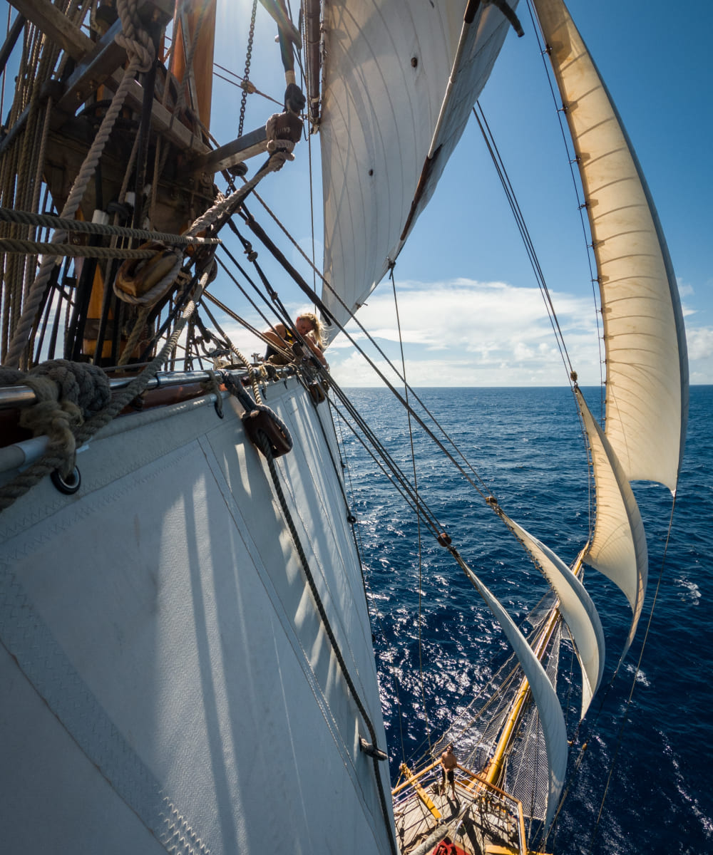 On deck aboard Bark EUROPA under sail in the Pacific